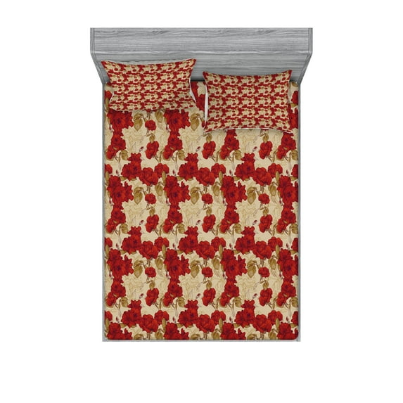 Vintage Fitted Sheet & Pillow Sham Set, Romantic Red Rose Blooms with Sketches Classical Valentines Day Inspired, Decorative 6 Piece Bedding Decor Set, Queen, Red Khaki Sand Brown, by Ambesonne