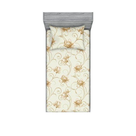 Vintage Fitted Sheet & Pillow Sham Set, Simple Design Modern Garden Flowers Boho and Leaves Greenery Artwork, Decorative Printed 2 Piece Bedding Decor, Twin, Pale Khaki Pastel Brown, by Ambesonne