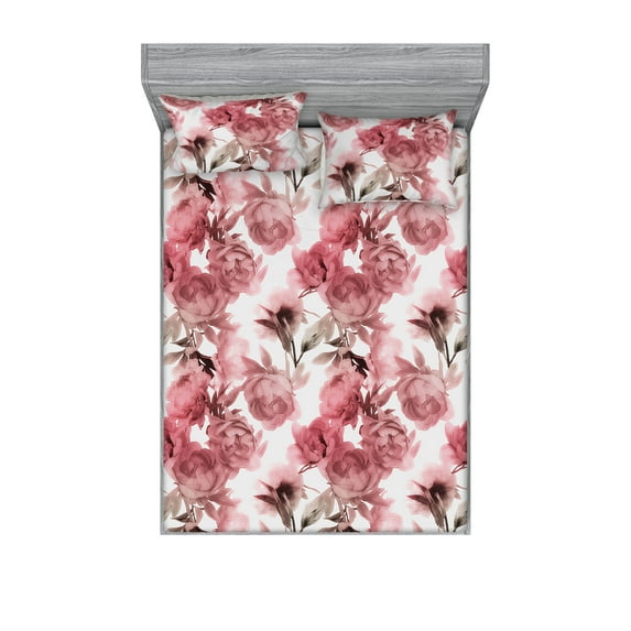 Vintage Fitted Sheet & Pillow Sham Set, Soft Colors Nostalgic Peony Flowers Pattern Floral Love Blooming, Decorative Printed 3 Piece Bedding Decor, Full, Pastel Pink and Pale Rose, by Ambesonne