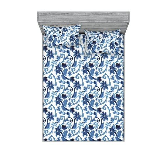 Vintage Fitted Sheet & Pillow Sham Set, Traditional Style Ornament with Swirling Curlicue Branches and Flowers, Decorative Printed 3 Piece Bedding Decor, King, Dark Sky Blue and White, by Ambesonne
