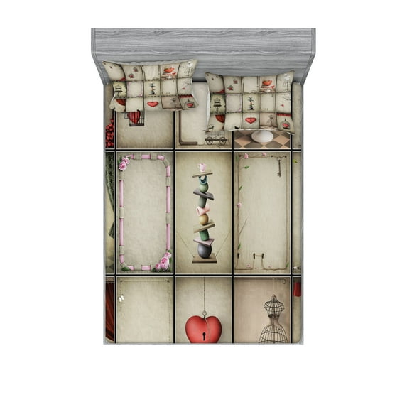 Vintage Fitted Sheet & Pillow Sham Set, Valentines Day Inspired Hearts in Captivity Retro Elements Dresses Cat, Decorative Printed 6 Piece Bedding Decor Set, Calking, Tan Vermilion Pink, by Ambesonne