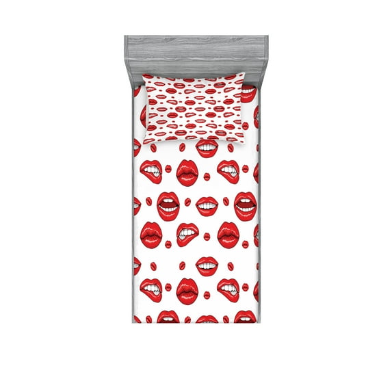 Vintage Fitted Sheet & Pillow Sham Set, Various Women Lip Forms in Several Gestures Sad Nervous Happy Female Print, Decorative Printed 4 Piece Bedding Decor Set, Twinxl, Vermilion White, by Ambesonne
