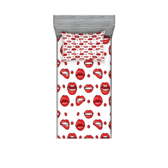 Vintage Fitted Sheet & Pillow Sham Set, Various Women Lip Forms in Several Gestures Sad Nervous Happy Female Print, Decorative Printed 4 Piece Bedding Decor Set, Twin, Vermilion White, by Ambesonne