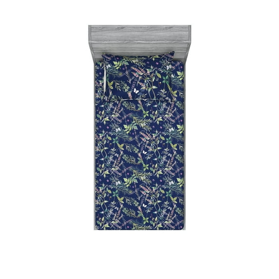 Vintage Fitted Sheet & Pillow Sham Set, Watercolor Hand-Drawn Mint Leaves Flowers Minimalist Floral Ornament, Decorative Printed 2 Piece Bedding Decor, Twin, Peacock Green Navy Blue, by Ambesonne