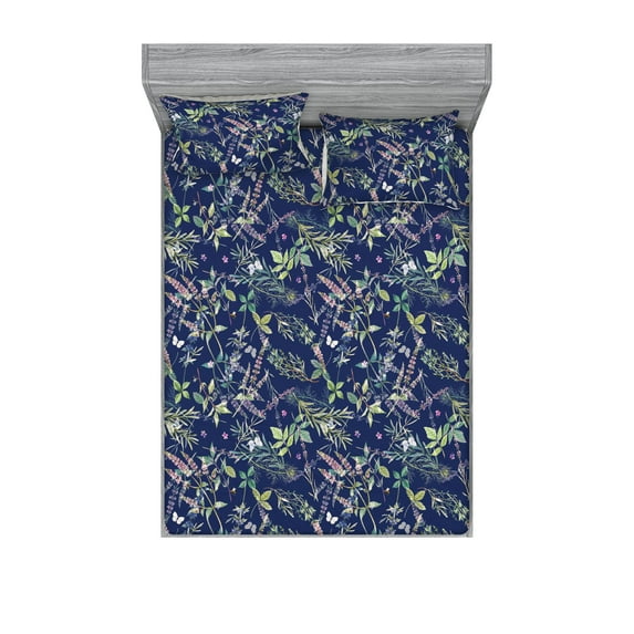Vintage Fitted Sheet & Pillow Sham Set, Watercolor Hand-Drawn Mint Leaves Flowers Minimalist Floral Ornament, Decorative Printed 3 Piece Bedding Decor, King, Peacock Green Navy Blue, by Ambesonne