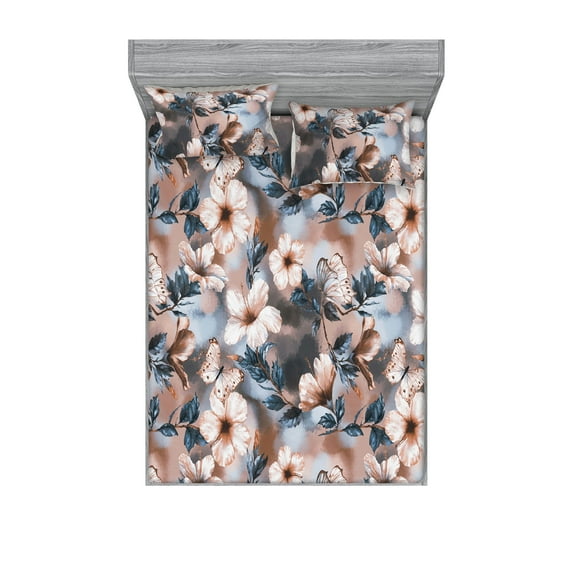 Vintage Fitted Sheet & Pillow Sham Set, Watercolor Retro Floral Tender Branches of Hibiscus Flowers Butterflies, Decorative Printed 3 Piece Bedding Decor, King, Pale Rust Slate Blue, by Ambesonne