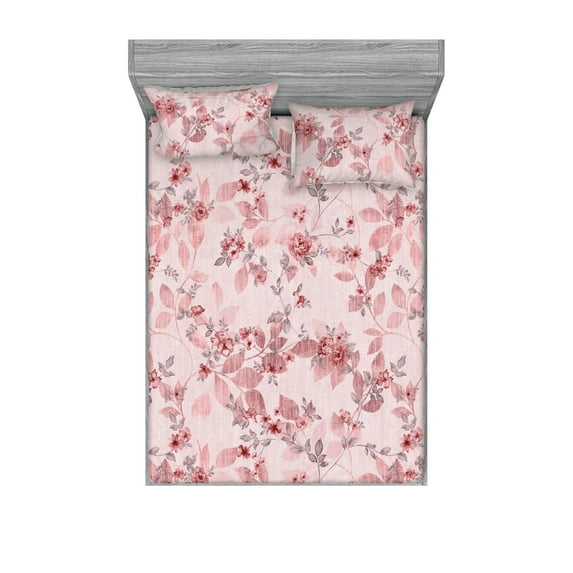 Vintage Fitted Sheet & Pillow Sham Set, Weathered Effect Pastel Dreamy Garden Floral Romantic Branches Print, Decorative Printed 3 Piece Bedding Decor, Calking, Pale Pink and Dried Rose, by Ambesonne