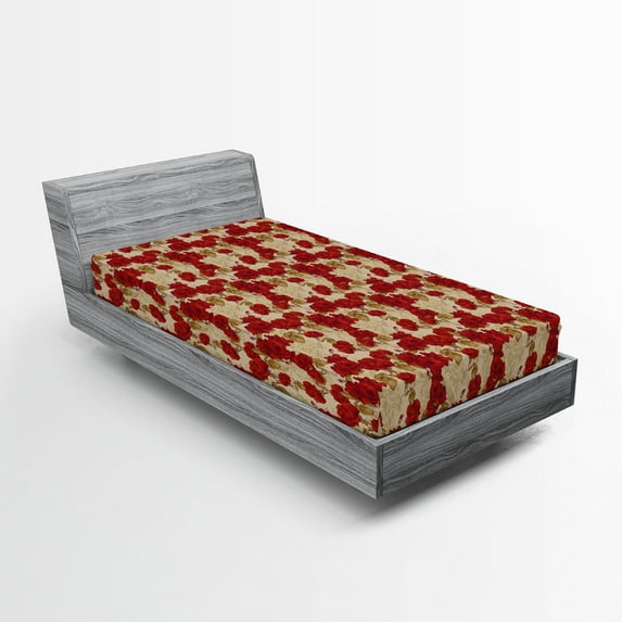 Vintage Fitted Sheet, Romantic Red Rose Blooms with Sketches Classical Valentines Day Inspired, Decorative Soft Bedding All-round Elastic Pocket, Twin Size, Red Khaki Sand Brown, by Ambesonne