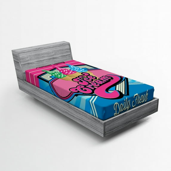 Vintage Fitted Sheet, Vector Background with Ice Cream Illustration Food Sweets Yummy Design Print, Soft Decorative Fabric Bedding, Twin XL Size, Blue and Hot Pink, by Ambesonne