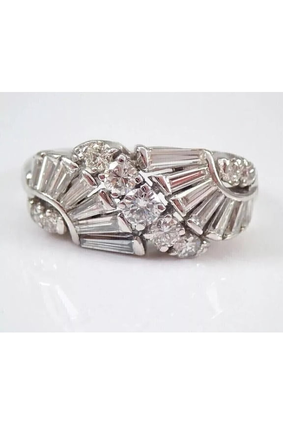 Vintage Five Stone Diamond Engagement Ring, Baguette Diamond Ring, Infinity Wedding Proposal Ring, Half Eternity Diamond Wedding Band, 14K White Gold Plated, 2.3 Ct Simulated Diamond