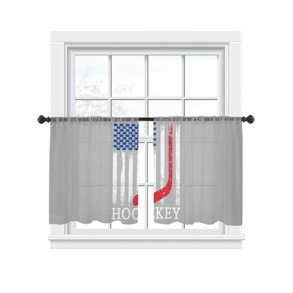 Vintage Flag Sheer Curtains for Living Room Bedroom, Red Hockey White Striped Gray Background Light Filtering Sheer Curtains, Rod Pocket Voile Window Drapes, 2 Panels Set 54"x 45"