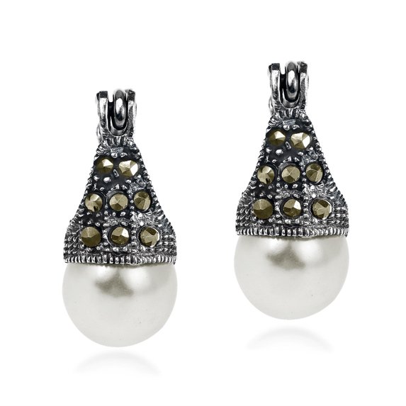 Vintage Flair Marcasite and Created Pearl .925 Silver 8mm Earrings