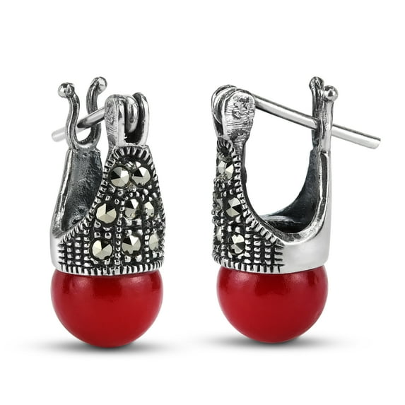 Vintage Flair Marcasite and Red Coral .925 Silver 8mm Earrings