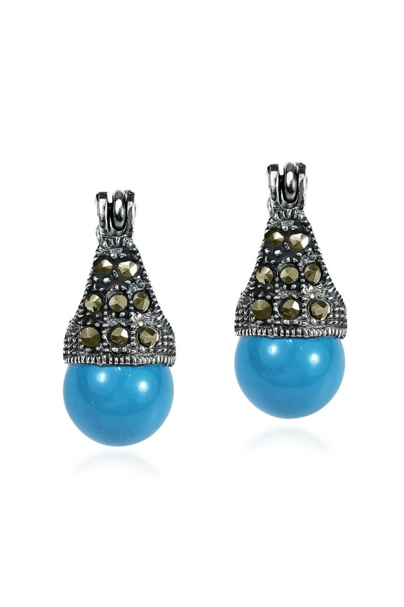 Vintage Flair Marcasite and Turquoise .925 Silver 8mm Earrings