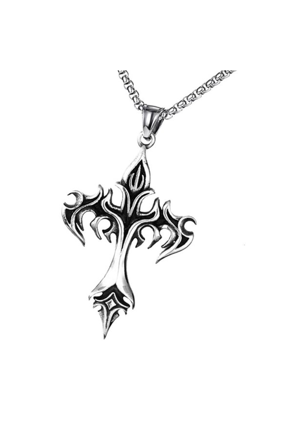 Vintage Flame Crucifix Pendant Necklace Neckchain Women Men Jewelry Everyday Wear Clavicle Chain Accessory