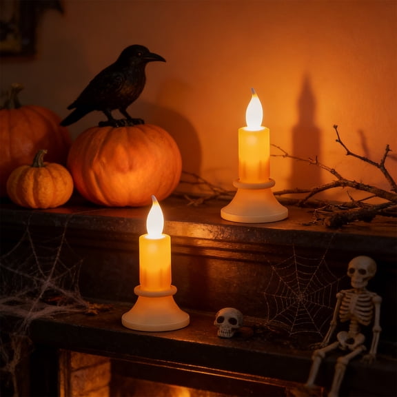 Vintage Flameless LED Taper Candle with Holder Base, Flickering Electronic Candle Stick, Gothic Halloween Tabletop Ambient Decor Light