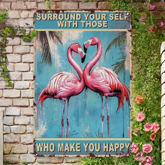 Vintage Flamingo Metal Wall Art Plaque - Rustic Waterproof & Weather-Resistant Home and Garden Decor with Inspirational Quote "Surround Yourself with Those Who Make You Happy"Flamingo Decor
