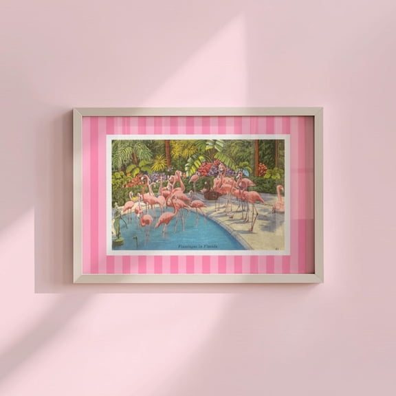 Vintage Flamingo Print Pink Florida Wall Art Horizontal Striped Print Tropical Nursery Decor Girly Beach Artwork Home Decor #514, Unframed Poster Size 12x18