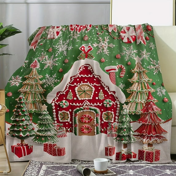 Vintage Flannel Throw Blanket, Christmas Gingerbread House and Trees Print, Soft Cozy Warm Multipurpose Digital Printed Knitted Throw for Sofa, Bed, Office