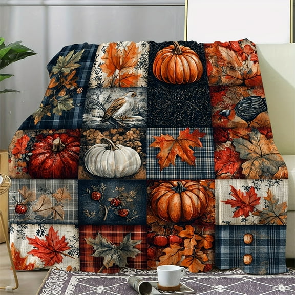 Vintage Flannel Throw Blanket with Pumpkin & Maple Leaf Print - 280gsm Heavyweight All-Season Soft Warm Cozy Autumn Fall Blanket in Orange, Brown, Red, Black, Beige & White for Couch, Sofa, Bed, Trav
