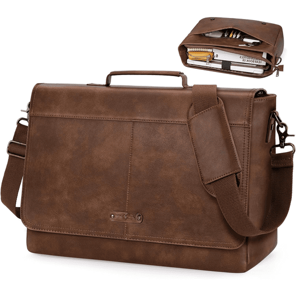 Vintage Flap Messenger Bag for Men PU Leather Laptop Bag 15.6 Inch Mens Briefcase Waterproof Satchel Computer Bag