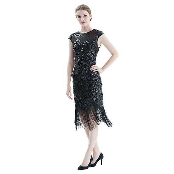 Vintage Flapper Great Gatsby Party Dress O-Neck Sleeveless Sequin Beaded Tassel Evening Dress Vestidos Feminina,Black