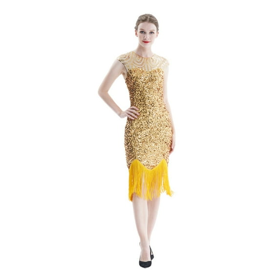 Vintage Flapper Great Gatsby Party Dress O-Neck Sleeveless Sequin Beaded Tassel Evening Dress Vestidos Feminina,Golden