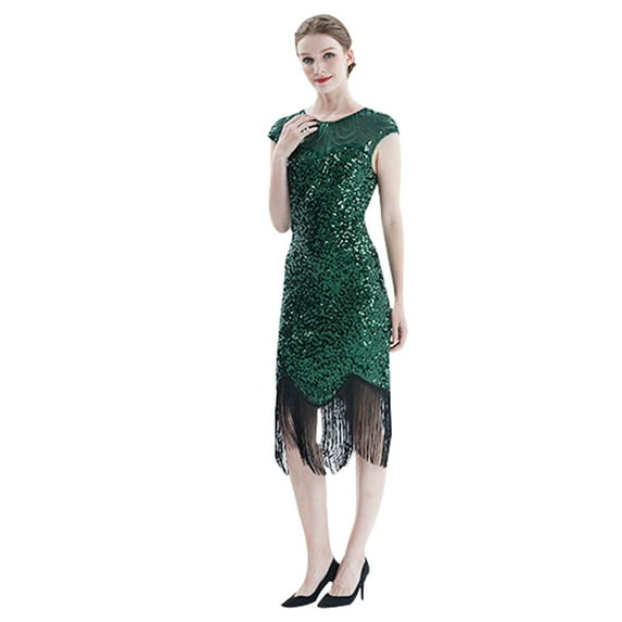 Vintage Flapper Great Gatsby Party Dress O-Neck Sleeveless Sequin Beaded Tassel Evening Dress Vestidos Feminina,Green