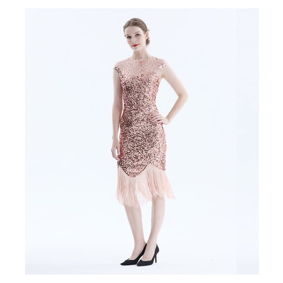 Vintage Flapper Great Gatsby Party Dress O-Neck Sleeveless Sequin Beaded Tassel Evening Dress Vestidos Feminina,Pink