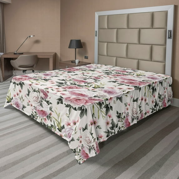 Ambesonne Vintage Flat Bedding Sheet Soft Top Sheet, Blooming Love Flowers Print, Queen, Army Green and Pastel Pink