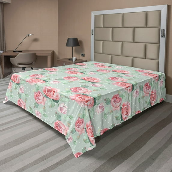 Ambesonne Vintage Flat Bedding Sheet Soft Top Sheet, English Garden Retro Art, Queen, Pale Almond Green and Pink