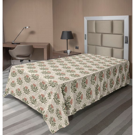 Ambesonne Vintage Flat Bedding Sheet Soft Top Sheet, Flowers Leaf Print Retro, Twin XL, Eggshell and Olive Green