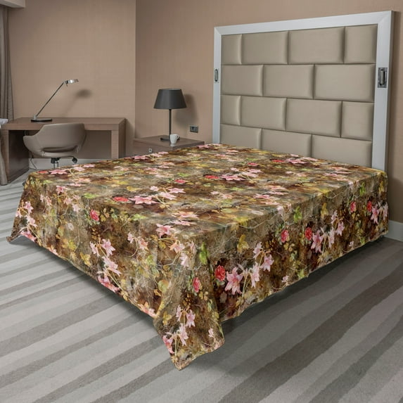 Ambesonne Vintage Flat Bedding Sheet Soft Top Sheet, Grunge Floral Ornament Rose, Full, Caramel Coral and Mustard