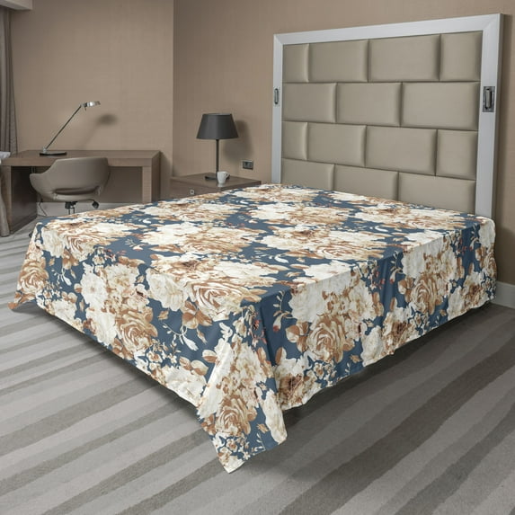 Vintage Flat Sheet, Nostalgic Bouquet Classic Retro Fashion of Blooming Flowers, Soft & Comfy Top Sheet Decorative Bedding 1 Piece, California King, Persian Orange and Slate Blue, by Ambesonne