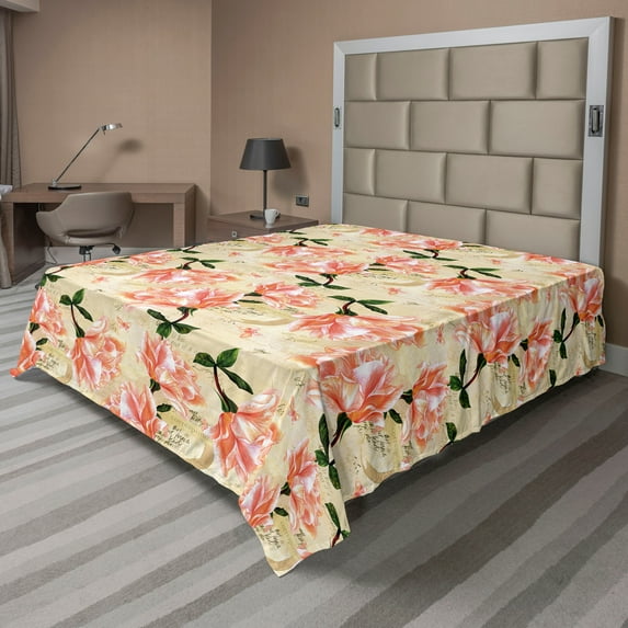 Ambesonne Vintage Flat Bedding Sheet Soft Top Sheet, Nostalgic Details Flowers, King, Beige Coral and Green