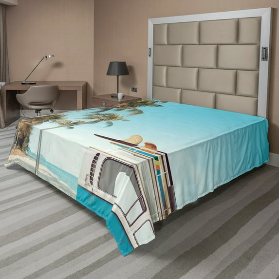 Vintage Flat Sheet, Photo with Palm Trees Van and Surfboards at Beach, Soft Comfortable Top Sheet Decorative Bedding 1 Piece, 6 Sizes, Sky Blue Multicolor, by Ambesonne