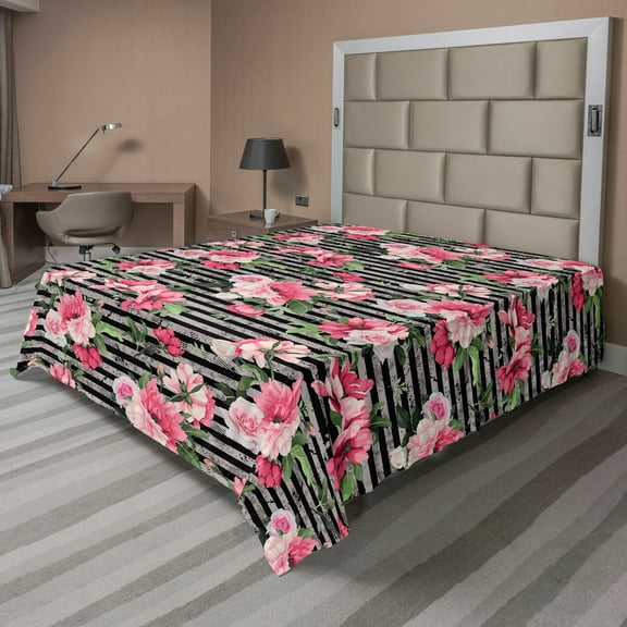 Ambesonne Vintage Flat Bedding Sheet Soft Top Sheet, Roses Horizontal Lines Art, King, Pastel Pink and Olive Green