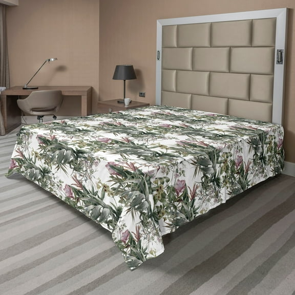 Ambesonne Vintage Flat Bedding Sheet Soft Top Sheet, Retro Bloom Exotic Leaves, California King, Reseda Green and Rose