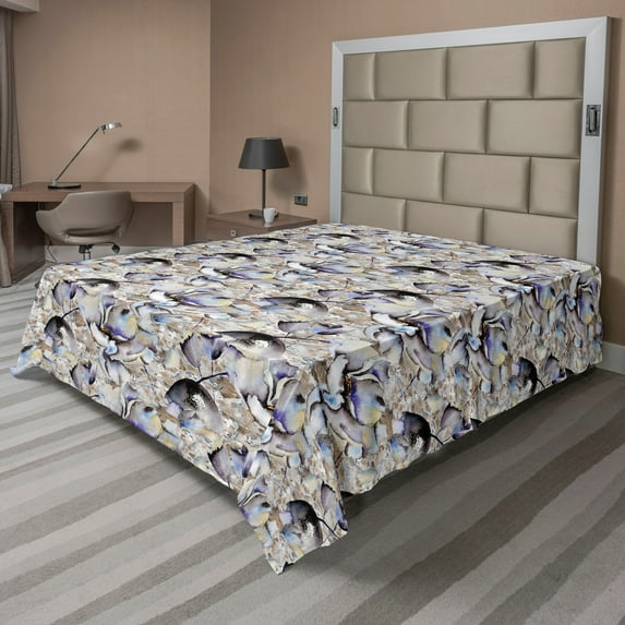 Ambesonne Vintage Flat Bedding Sheet Soft Top Sheet, Brush Strokes Retro Flowers, King, Ceil Blue and Pale Brown