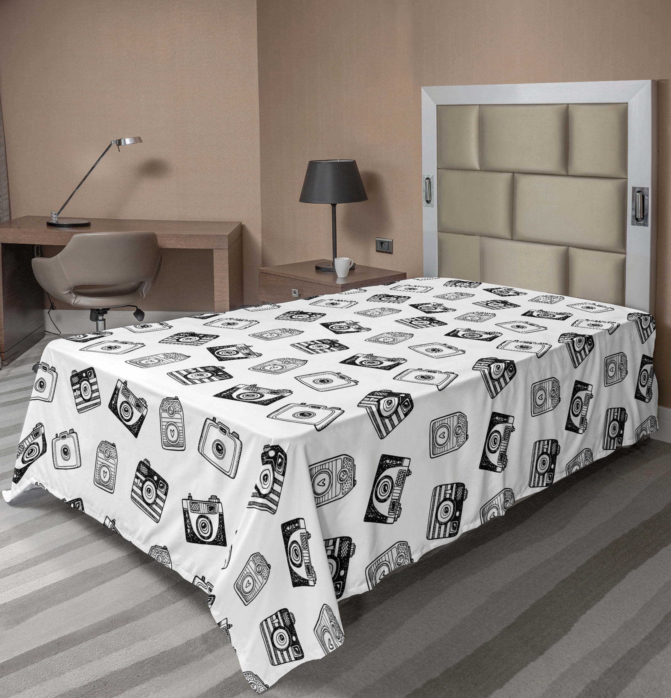 Vintage Flat Sheet, Retro Style Cameras Scattered on a Plain Background Drawn by Pencil, Soft Comfortable Top Sheet Decorative Bedding 1 Piece, 6 Sizes, Charcoal Grey and White, by Ambesonne