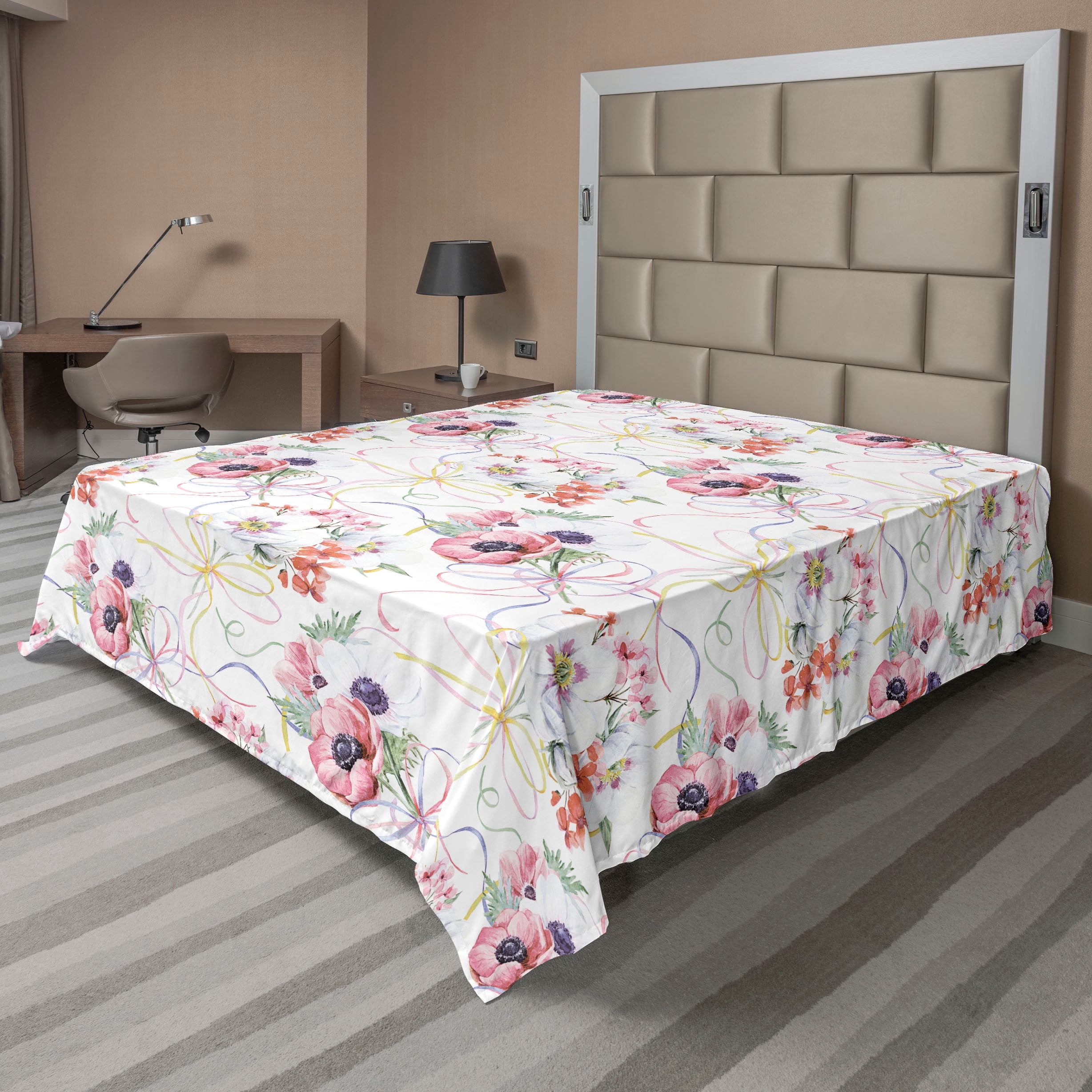 Vintage Flat Sheet, Spring Theme Watercolor Ribbon Stripes with Flowers