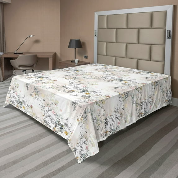 Ambesonne Vintage Flat Bedding Sheet Soft Top Sheet, Nature Bloom Branches Leafy, King, Taupe Grey Blush and Cream