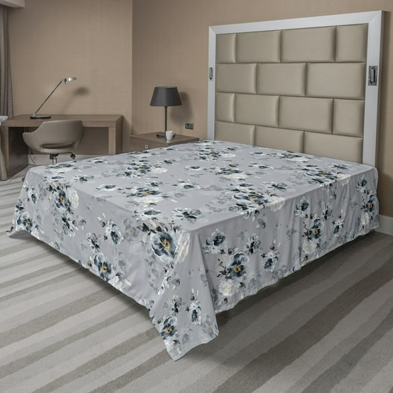 Ambesonne Vintage Flat Bedding Sheet Soft Top Sheet, Art Flowers Romantic Summer, King, Pale Blue Grey and Marigold