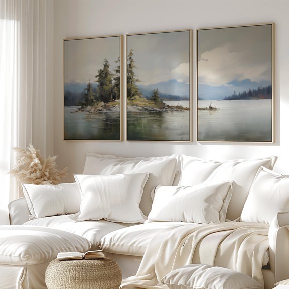 Vintage Flathead Lake Triptych 3 Piece Prints Vintage Moody Lake Painting Log Cabin Decor Triptych Wall Art Prints Montana Wall Art Poster Set 3