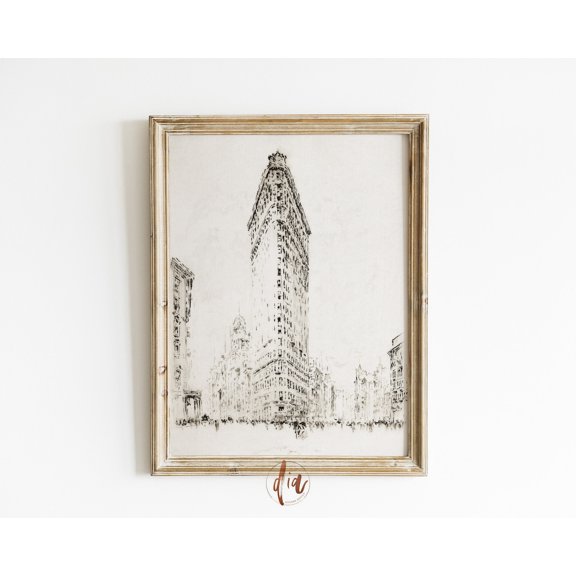 Vintage Flatiron Building Drawing New York City Antique Sketch NYC Line Art, Unframed Paper Poster 8x10in