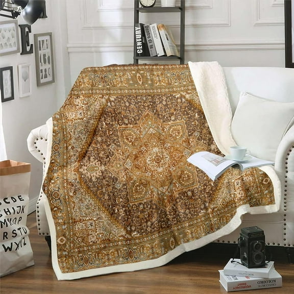 Vintage Fleece Blanket Floral Medallion Sherpa Blanket, Persian Blanket Throw Size Tribal Mandala Throw Blanket for Sofa Bohemian Paisley Flannel Blanket Lightweight Soft
