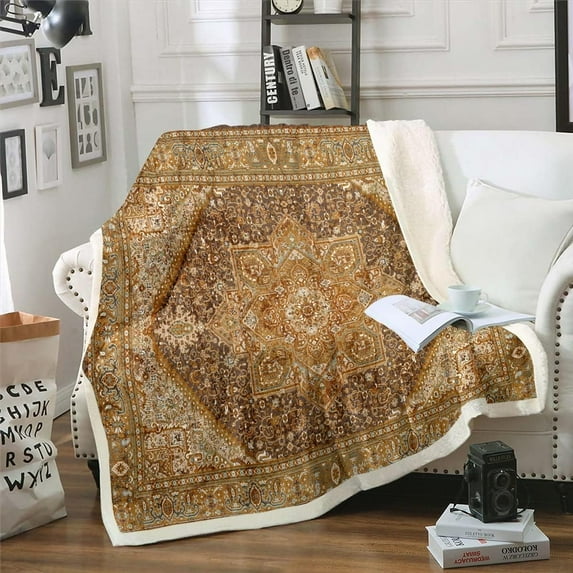 Vintage Fleece Blanket Floral Medallion Sherpa Blanket, Persian Blanket Throw Size Tribal Mandala Throw Blanket for Sofa Bohemian Paisley Flannel Blanket Lightweight Soft