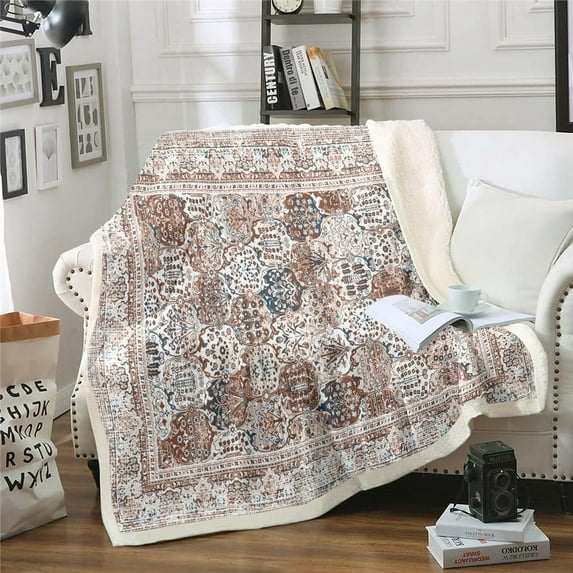 Vintage Fleece Blanket Persian Sherpa Blanket, Brown Oriental Medallion Blanket Throw Size Boho Turkish Throw Blanket for Sofa, Himalayas Bohemian Flannel Blanket Lightweight Soft