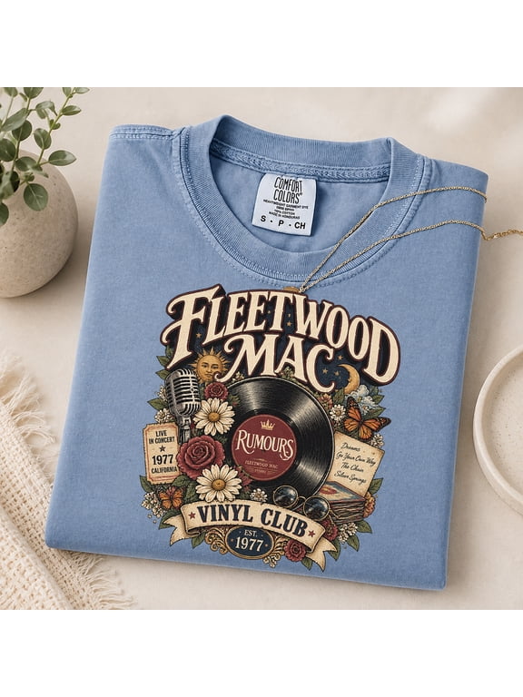 Vintage Fleetwood Mac Vinyl Club Graphic T-Shirt – Retro Record Music Floral Print, 70s Style Vinyl Collector Oversized Tee, Blue Jean Size L