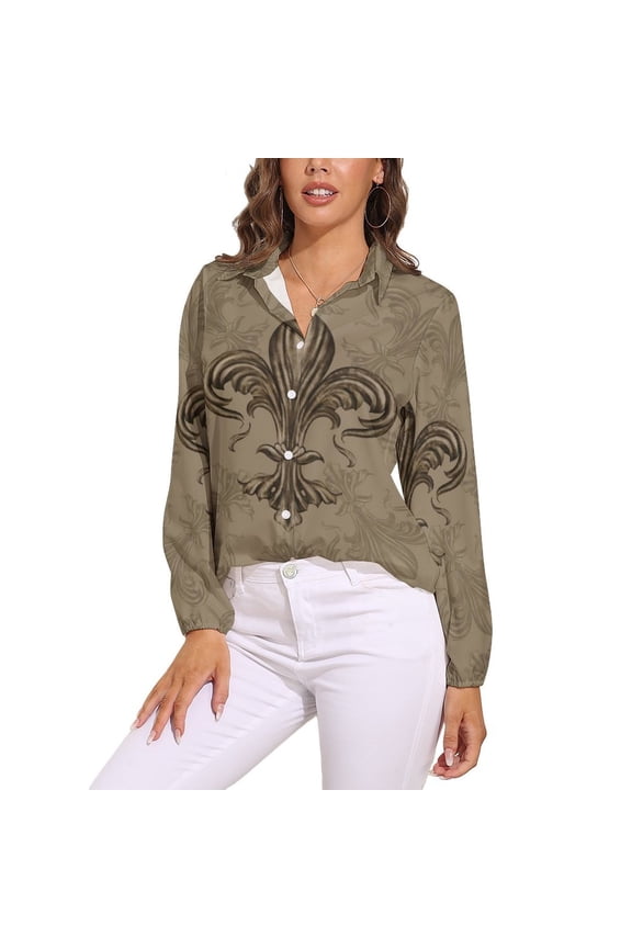 Vintage Fleur-de-lis Sepia Long Sleeve Blouse Woman Streetwear Casual Shirts Summer Oversize Woman Streetwear Clothing Birthday Present